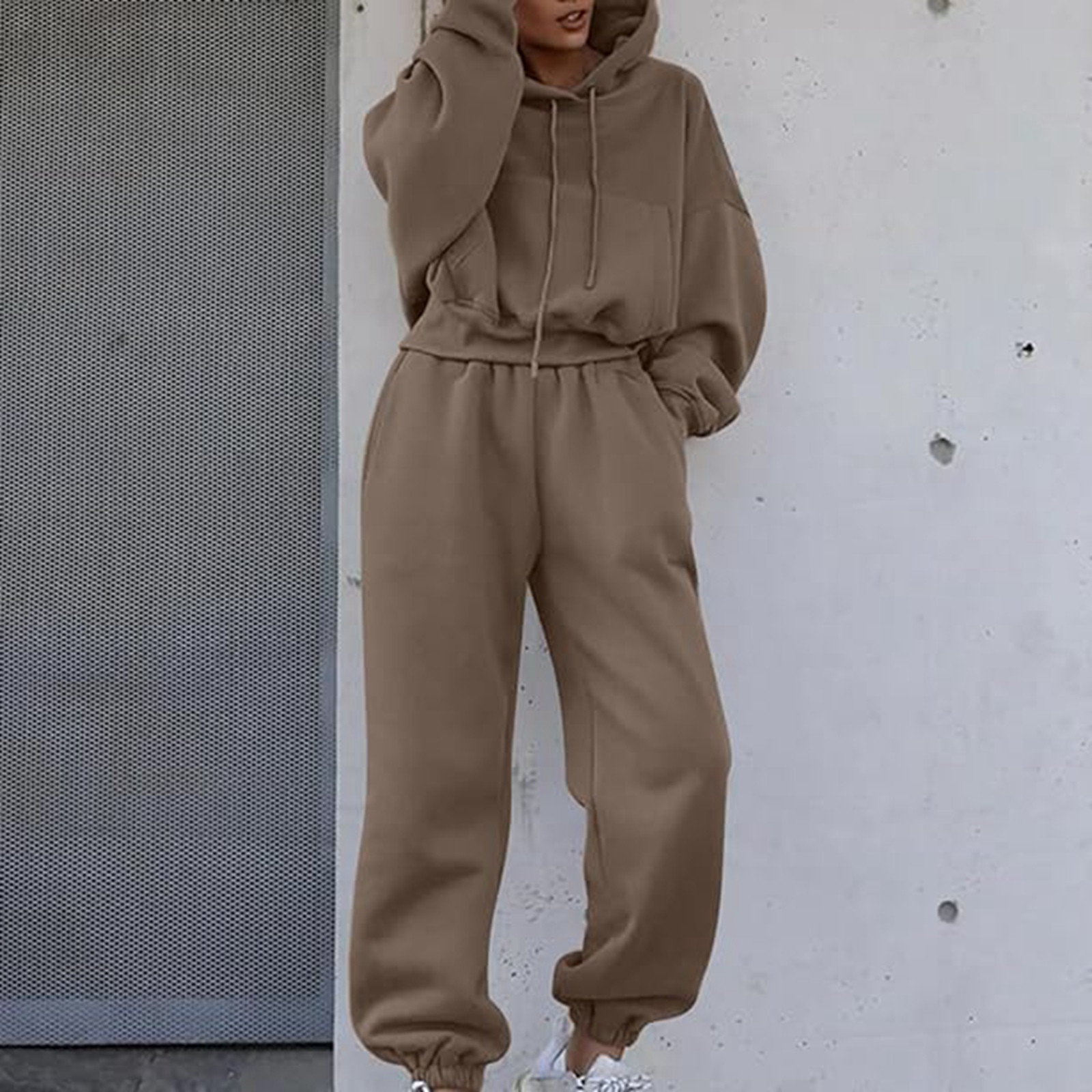 thumbnail image 3 of Conjunto de chándal de mujer otoño-invierno 2025: sudadera con capucha de manga larga y pantalones holgados, mezcla de algodón, ropa informal/deportiva, tallas S-XL., 3 of 7